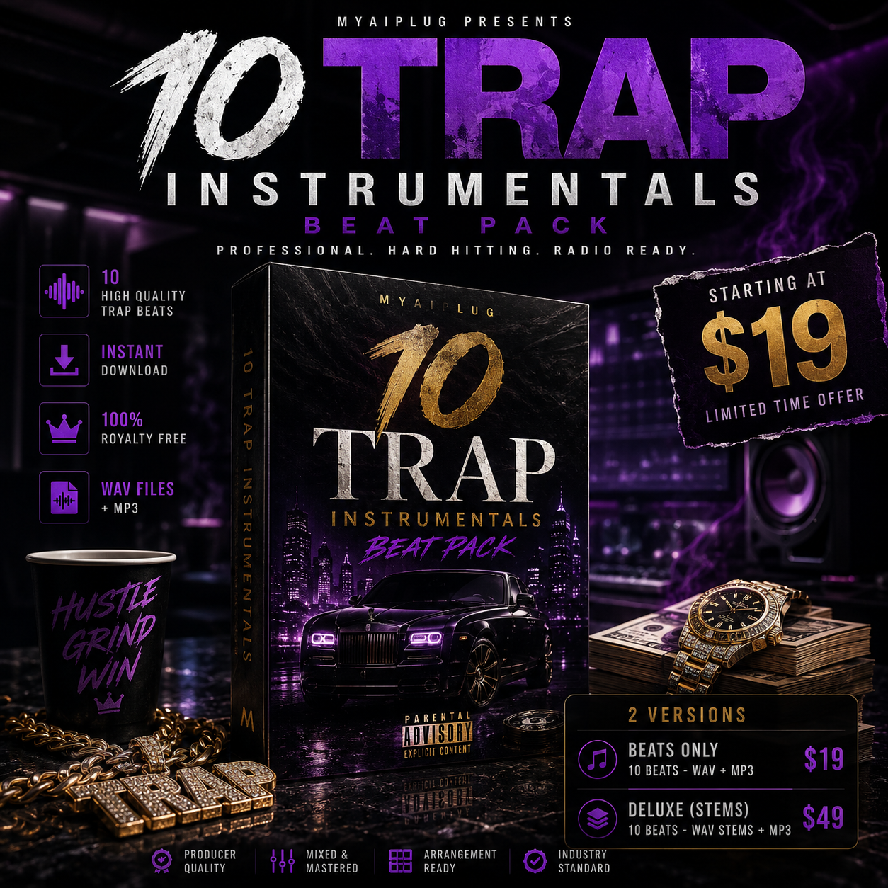 10 Trap Instrumentals Pack — Beats Only or Deluxe Stems